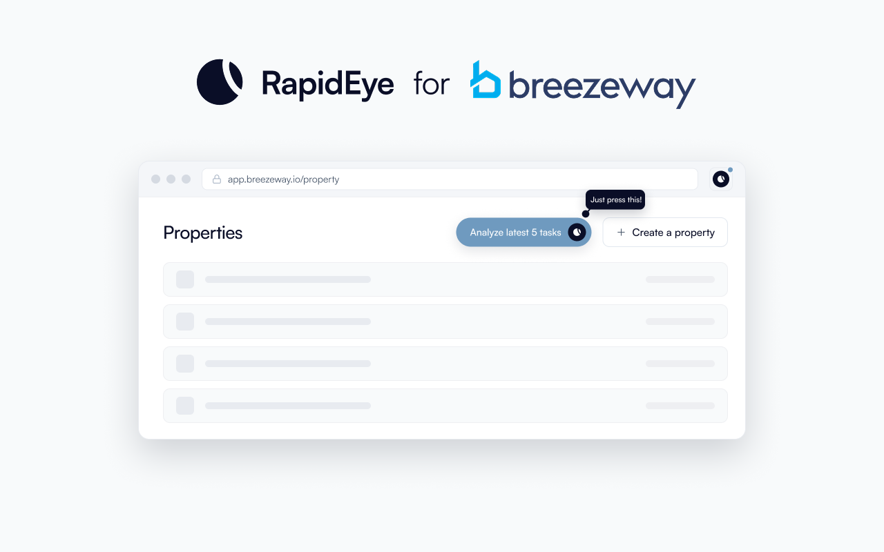 The RapidEye Chrome extension inside Breezeway: an Analyze latest 5 tasks button next to Breezeway's own controls