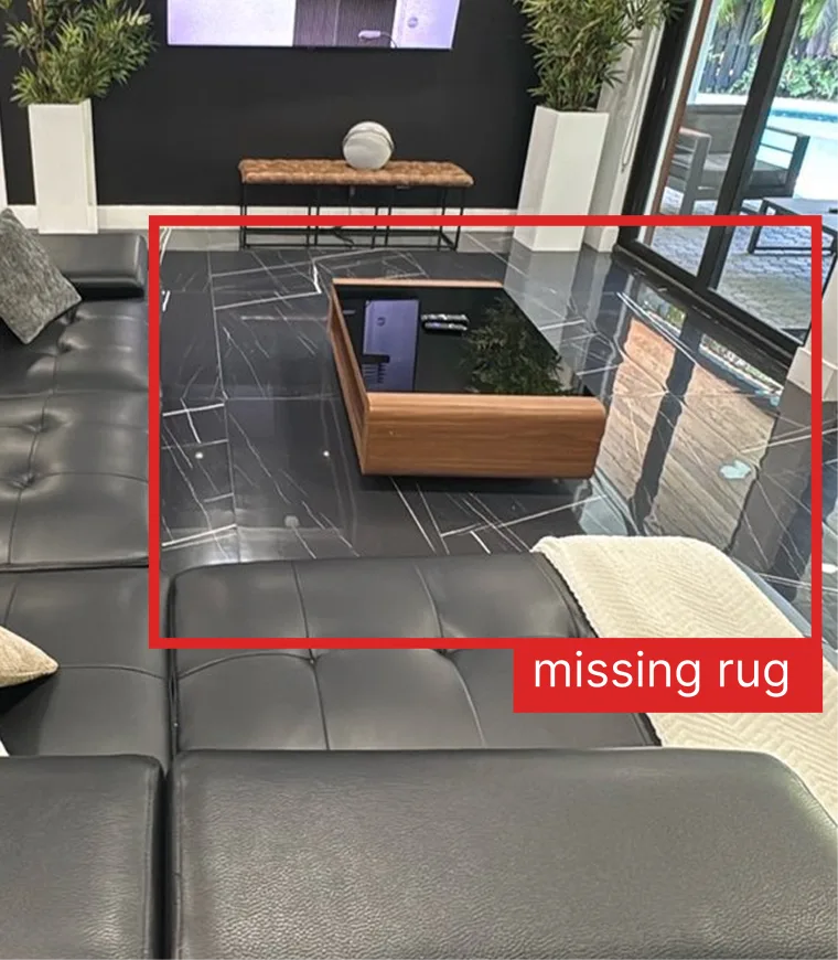 Later turnover photo of the same bedroom with the missing rug flagged by RapidEye